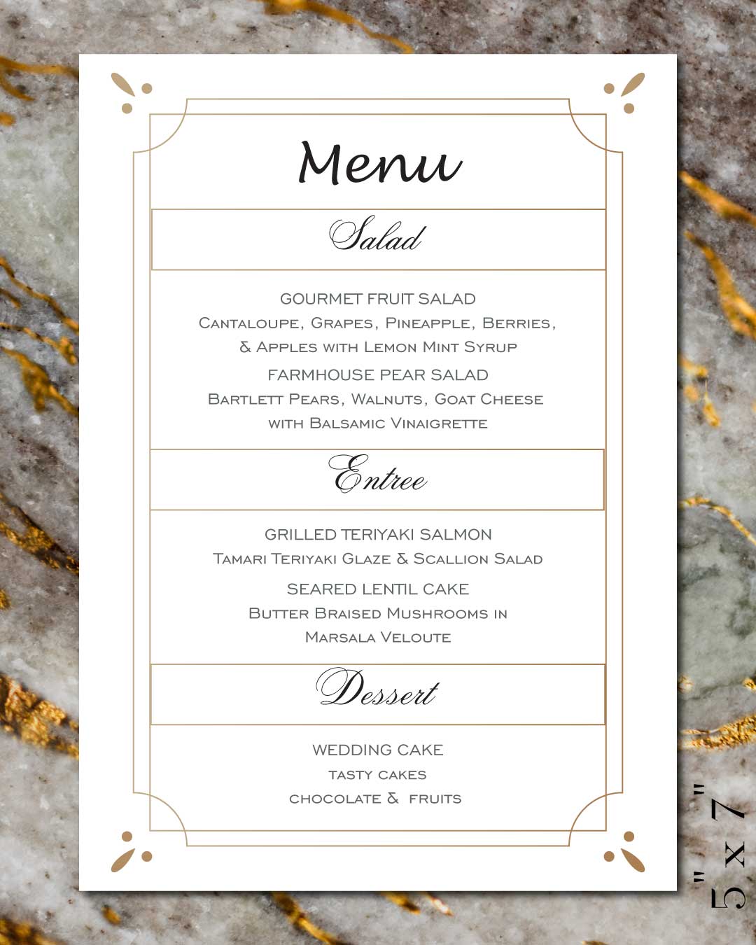 Gold Frames and Lines Wedding Menu Cards