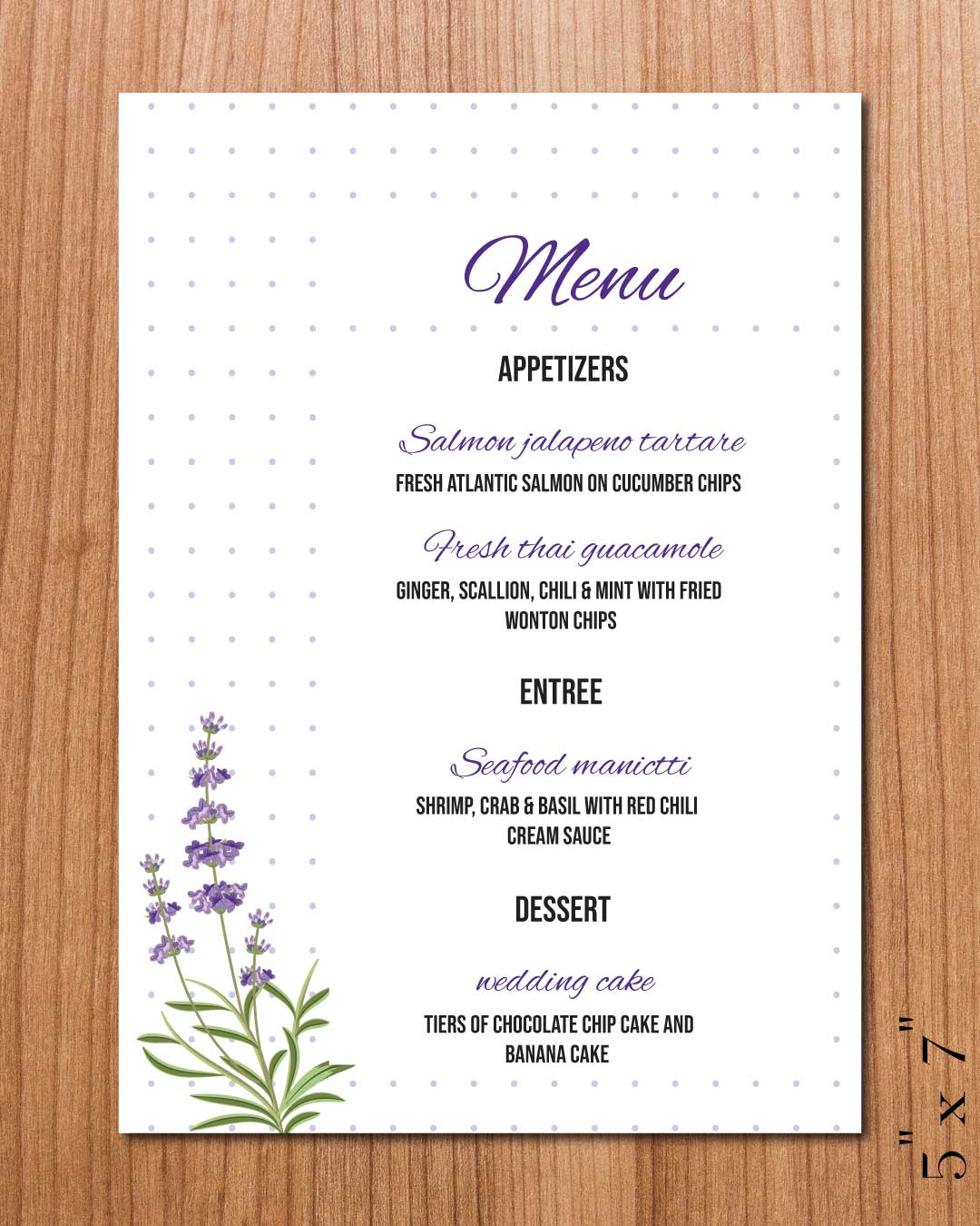 Lavender and Dots Wedding Menu Cards