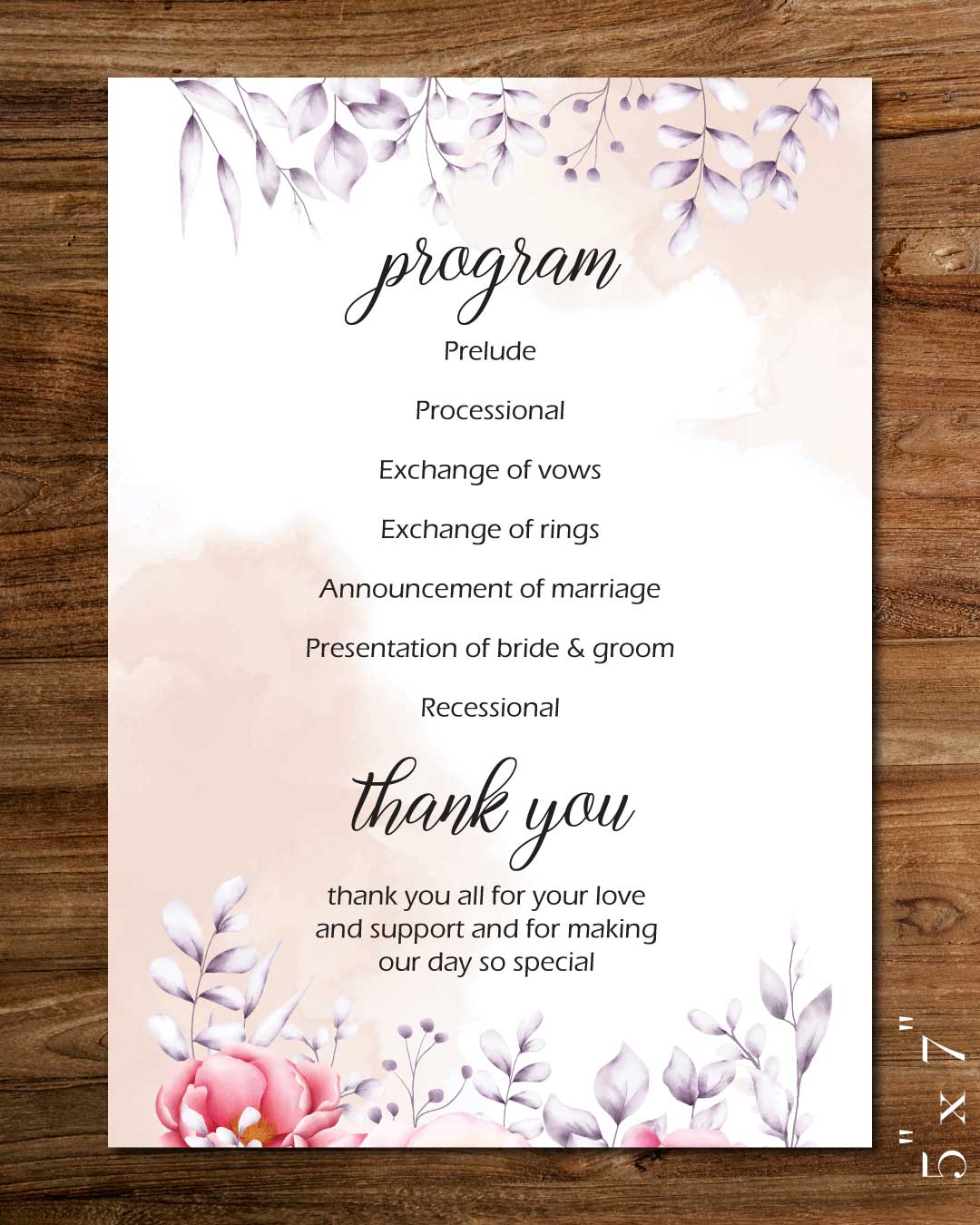 Watercolor And Pink Roses Wedding Program Cards