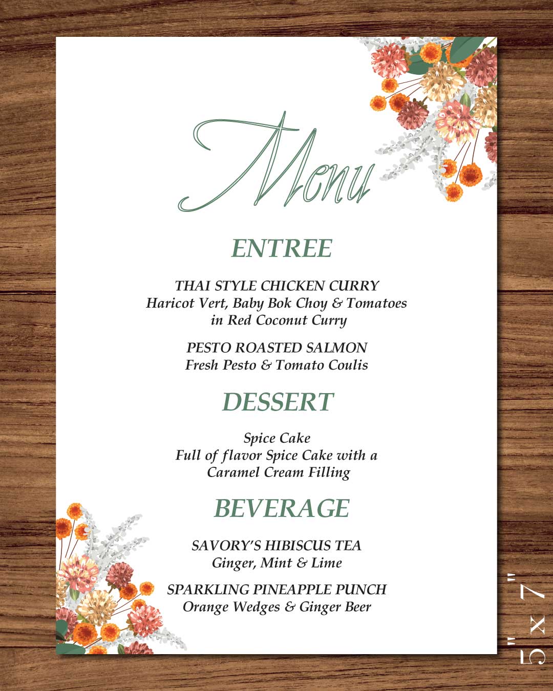 Flowers Reddish and Orange Wedding Menu Cards