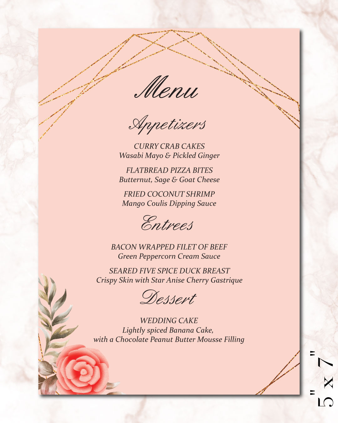 Golden Hexagons And Flowers Wedding Menu Cards