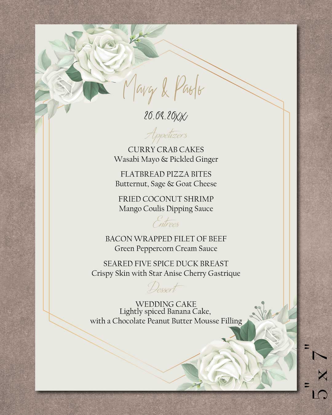 Hexagon And White Roses Wedding Menu Cards