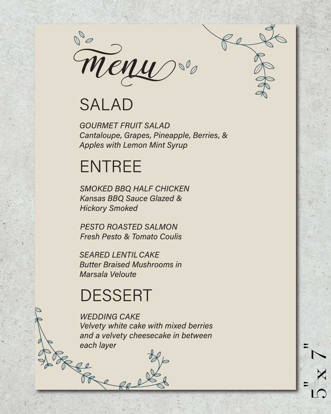 Simple Blue Leaves Wedding Menu Cards