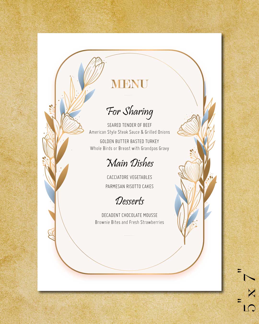 Gold And Blue Leaves Wedding Menu Cards