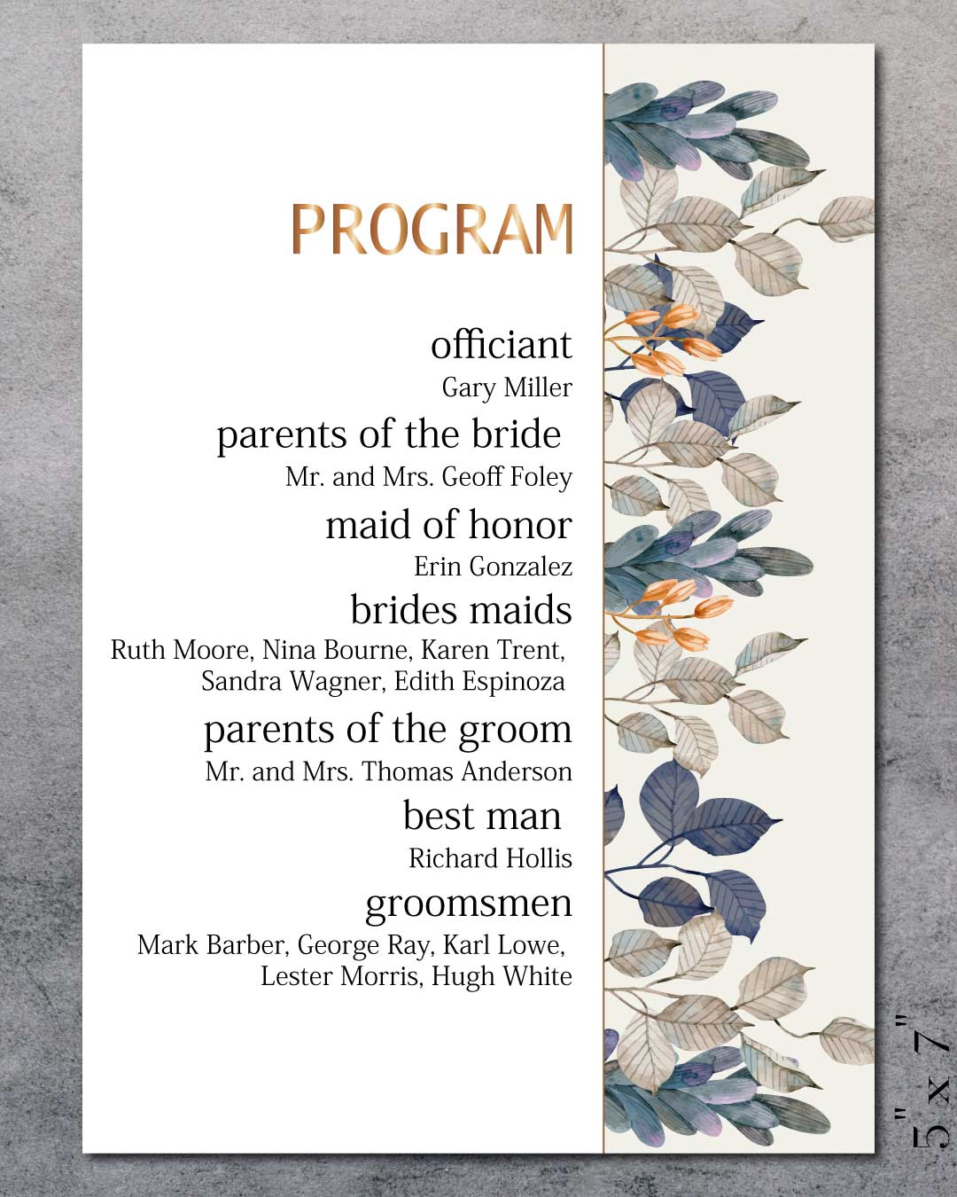 Naturist Harmony Wedding Program Cards