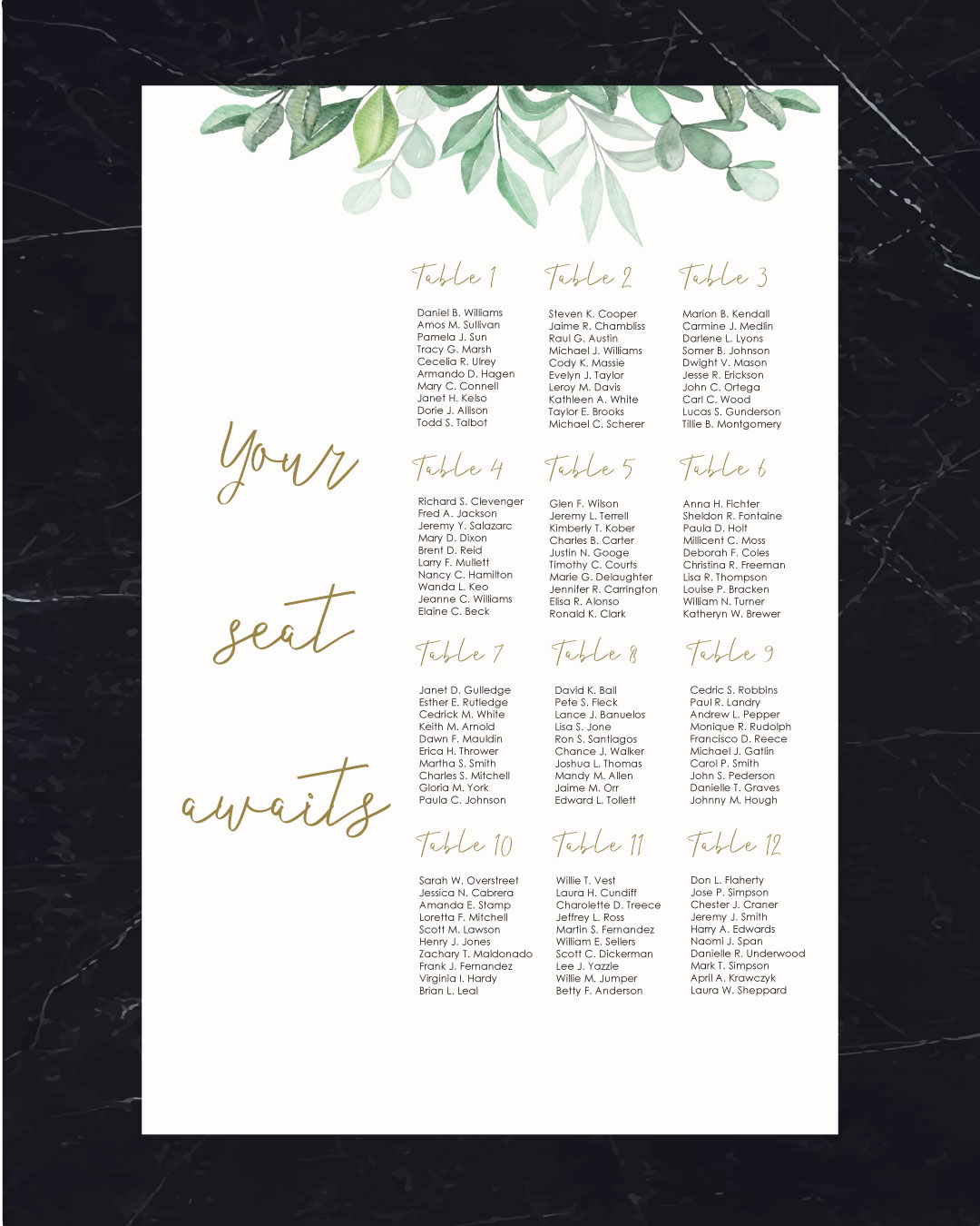 Blue Watercolor Leaves Seating Chart