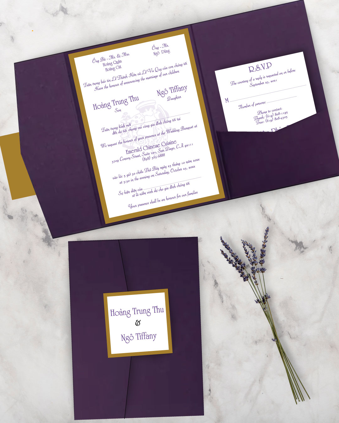Minimalist Purple Letters A7 Himalaya Pocket Vietnamese & English Wedding Invitation