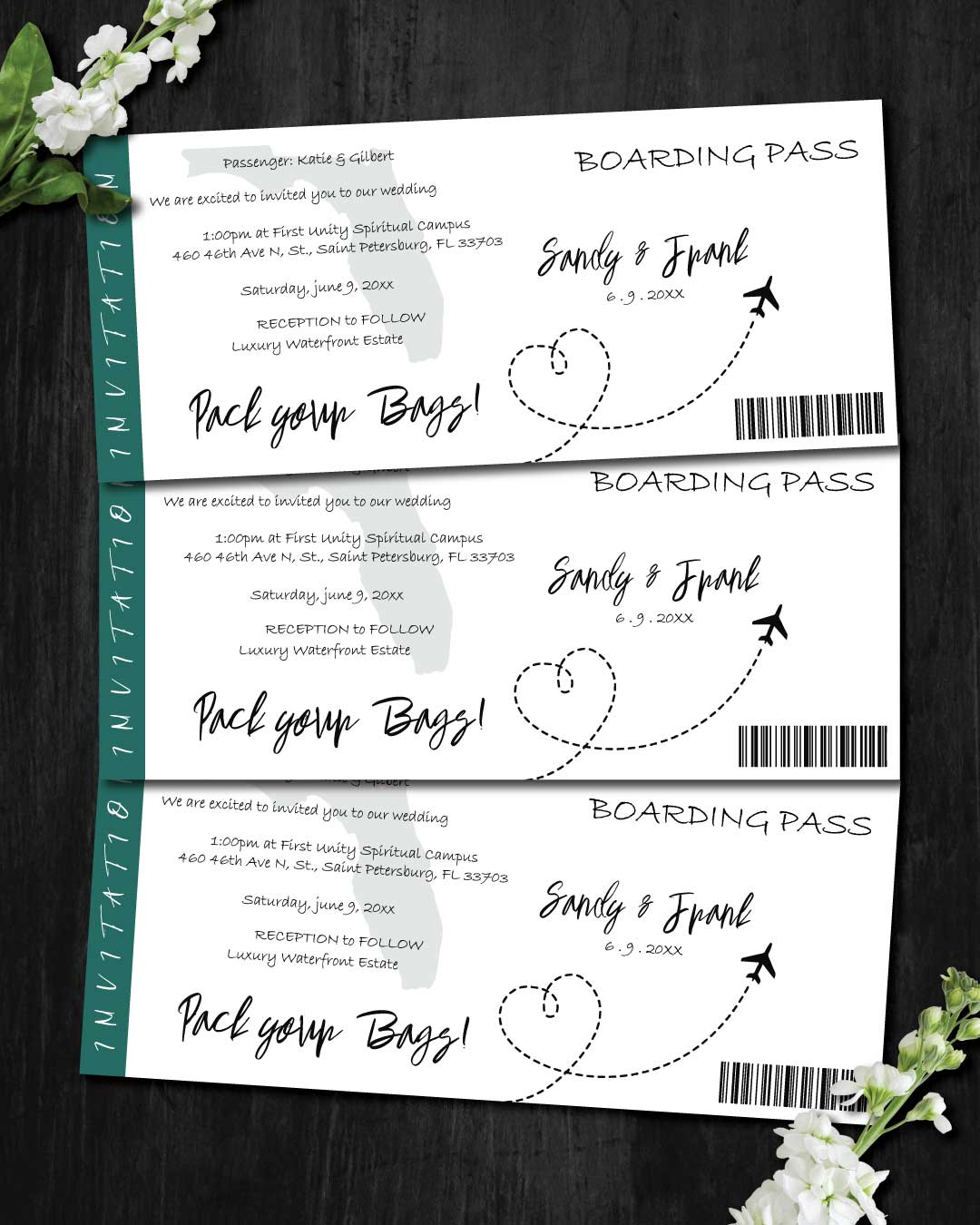 Map Turquoise Ticket Boarding Pass Wedding Invitations