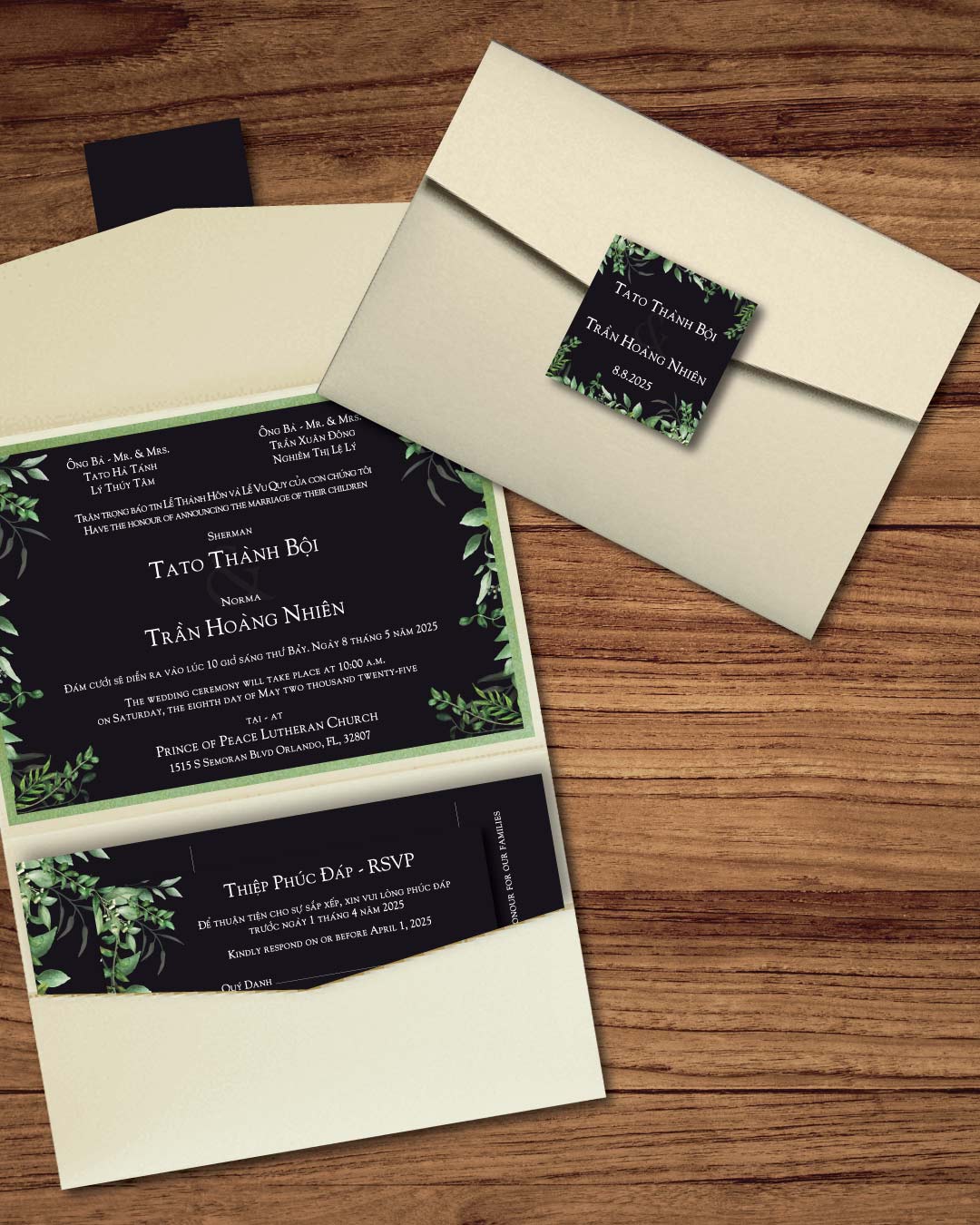 Watercolor Leaves A7 Atlas Pocket Vietnamese & English Wedding Invitation