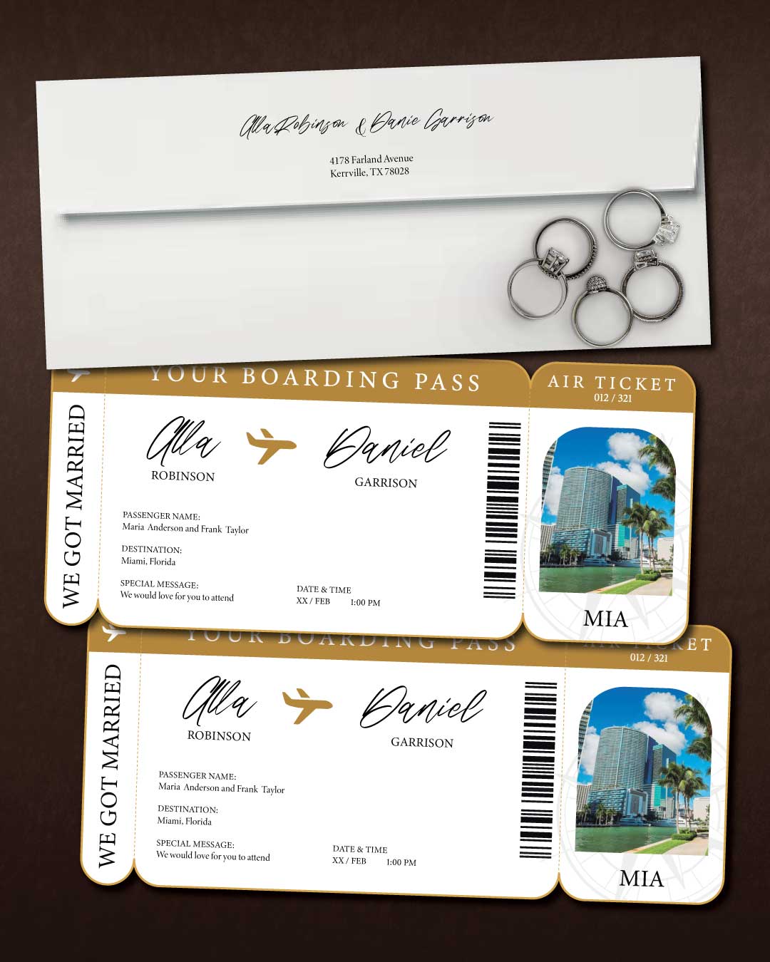 Elegant Golden Ticket Boarding Pass Wedding Invitations