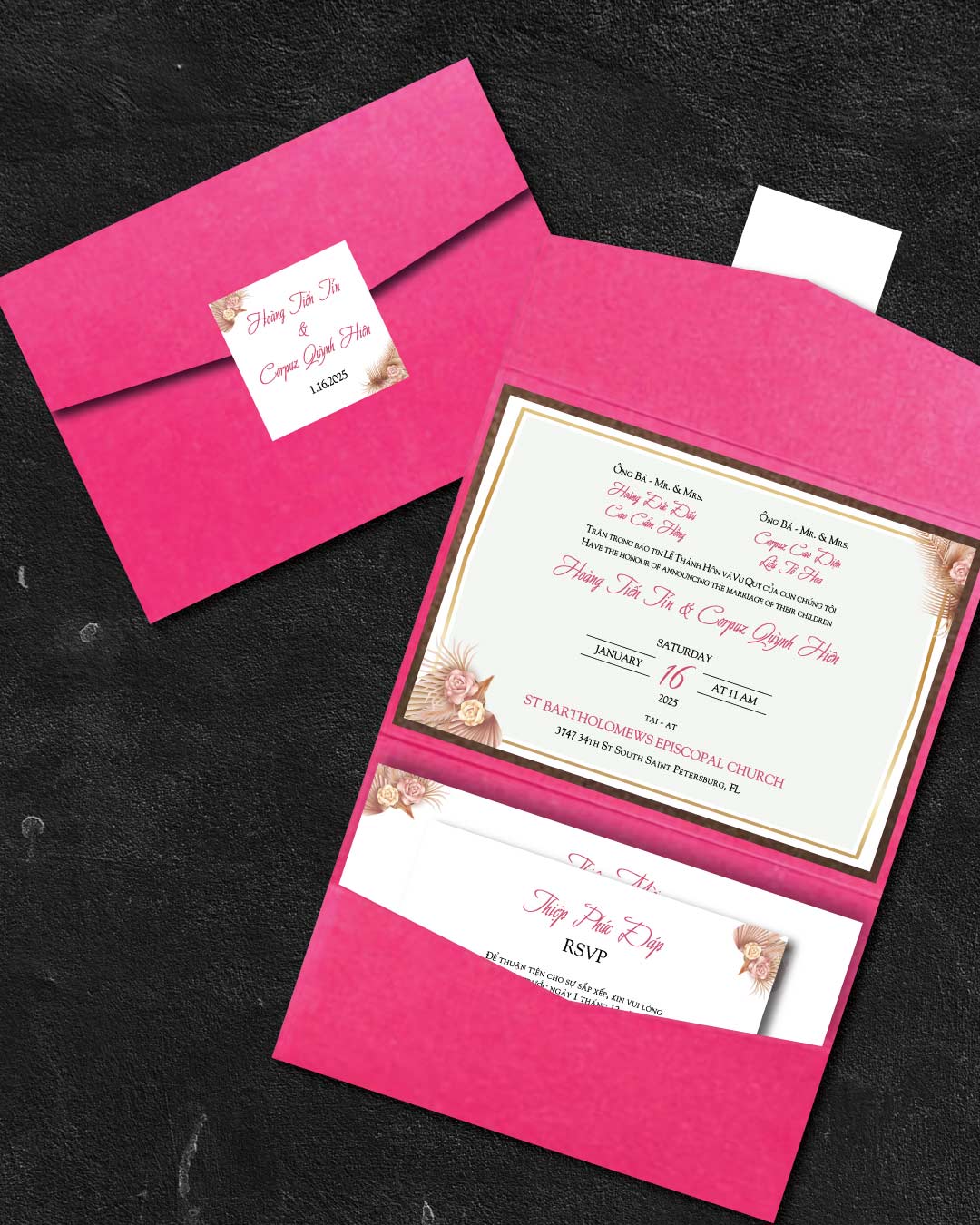 Elegant Engagement A7 Atlas Pocket Vietnamese & English Wedding Invitation