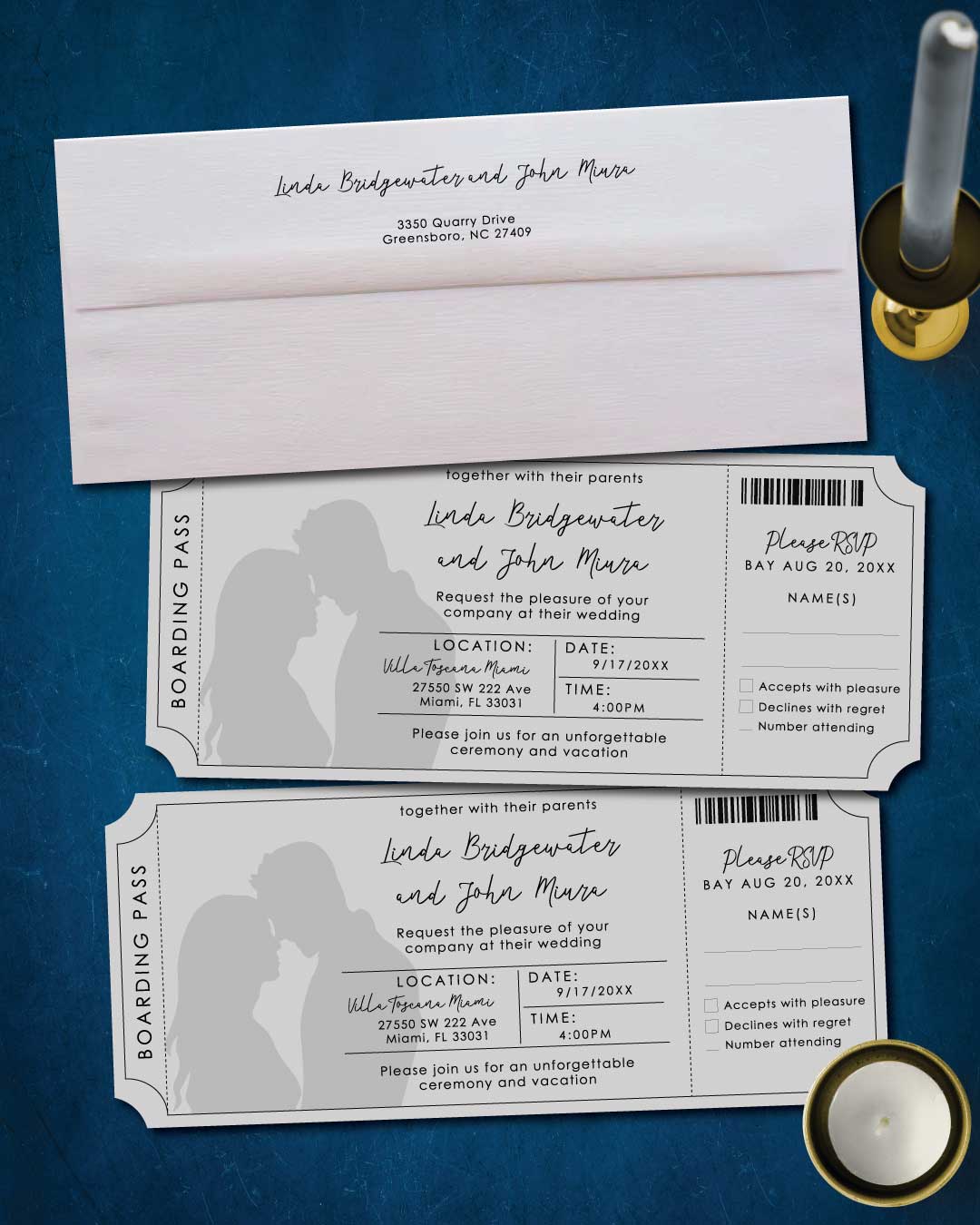 Gray Design Couple Boarding Pass Wedding Invitations