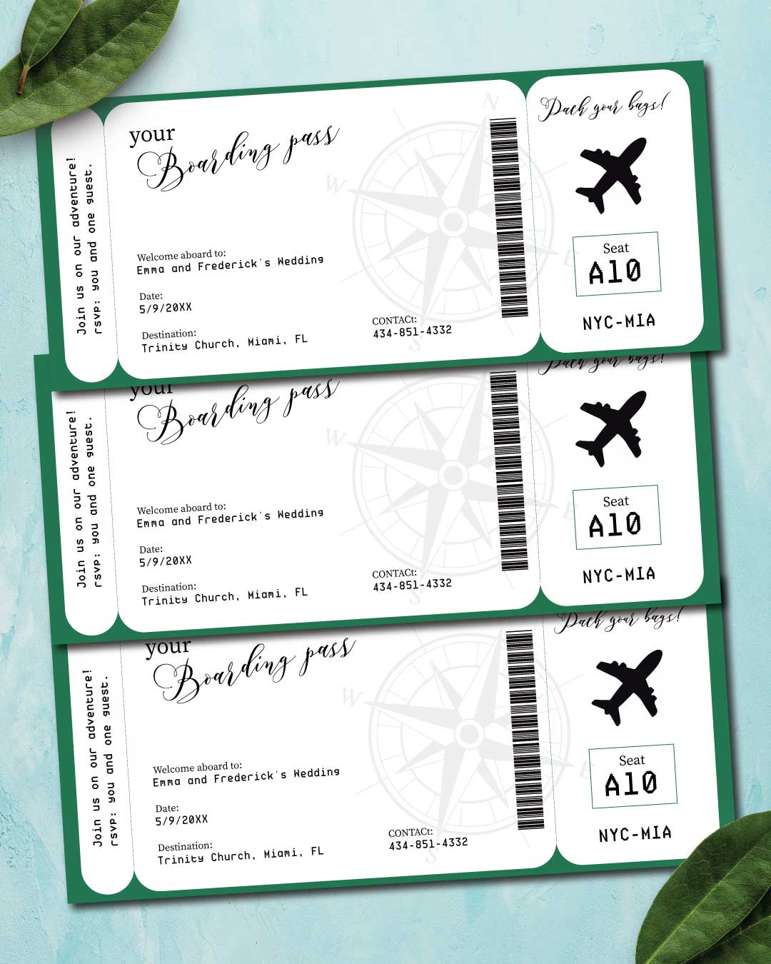 Ticket Green with Compass Boarding Pass Wedding Invitations
