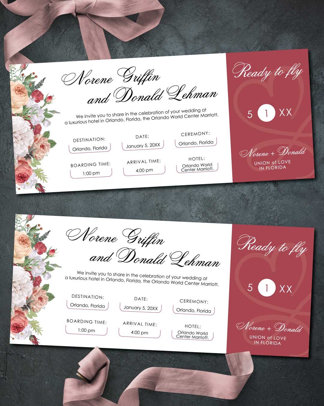 Ticket Burgundy Floral Boarding Pass Wedding Invitations