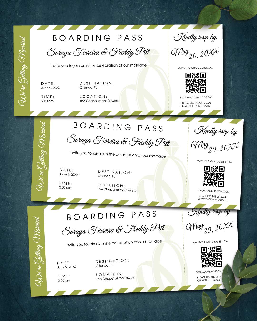 Green Striped Ticket Boarding Pass Wedding Invitations