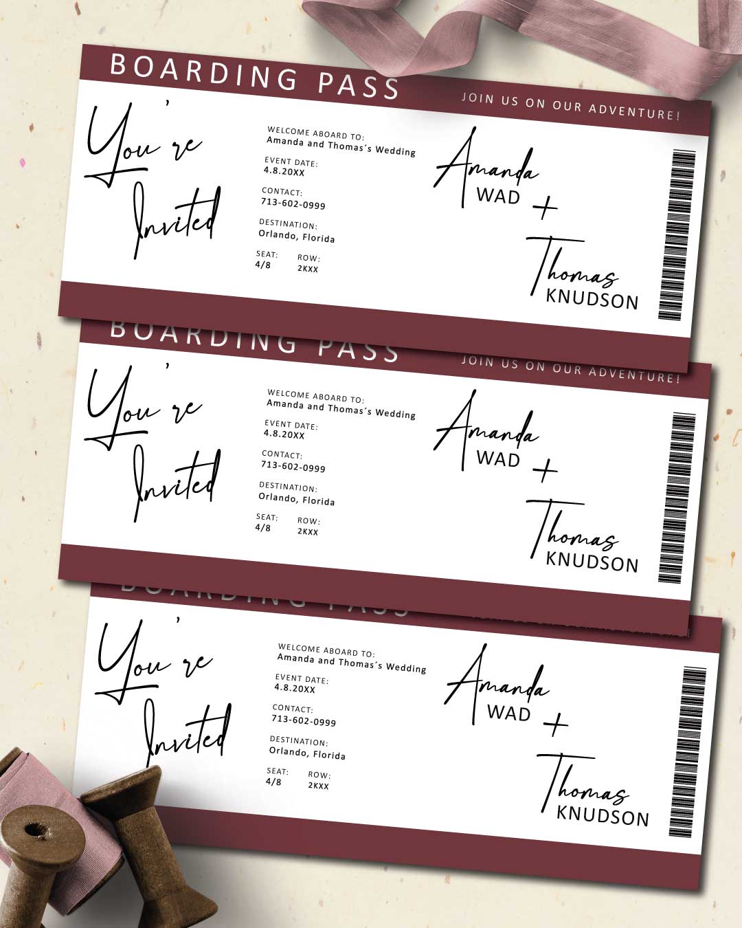 Elegant Burgundy Ticket Boarding Pass Wedding Invitations