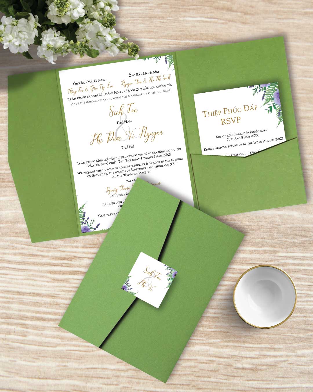Gold Letters With Purple A7 Himalaya Pocket Vietnamese & English Wedding Invitation