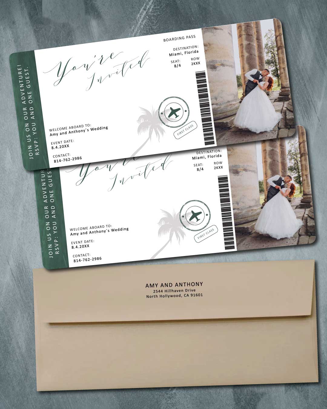 Elegant Tropical Ticket Boarding Pass Wedding Invitations