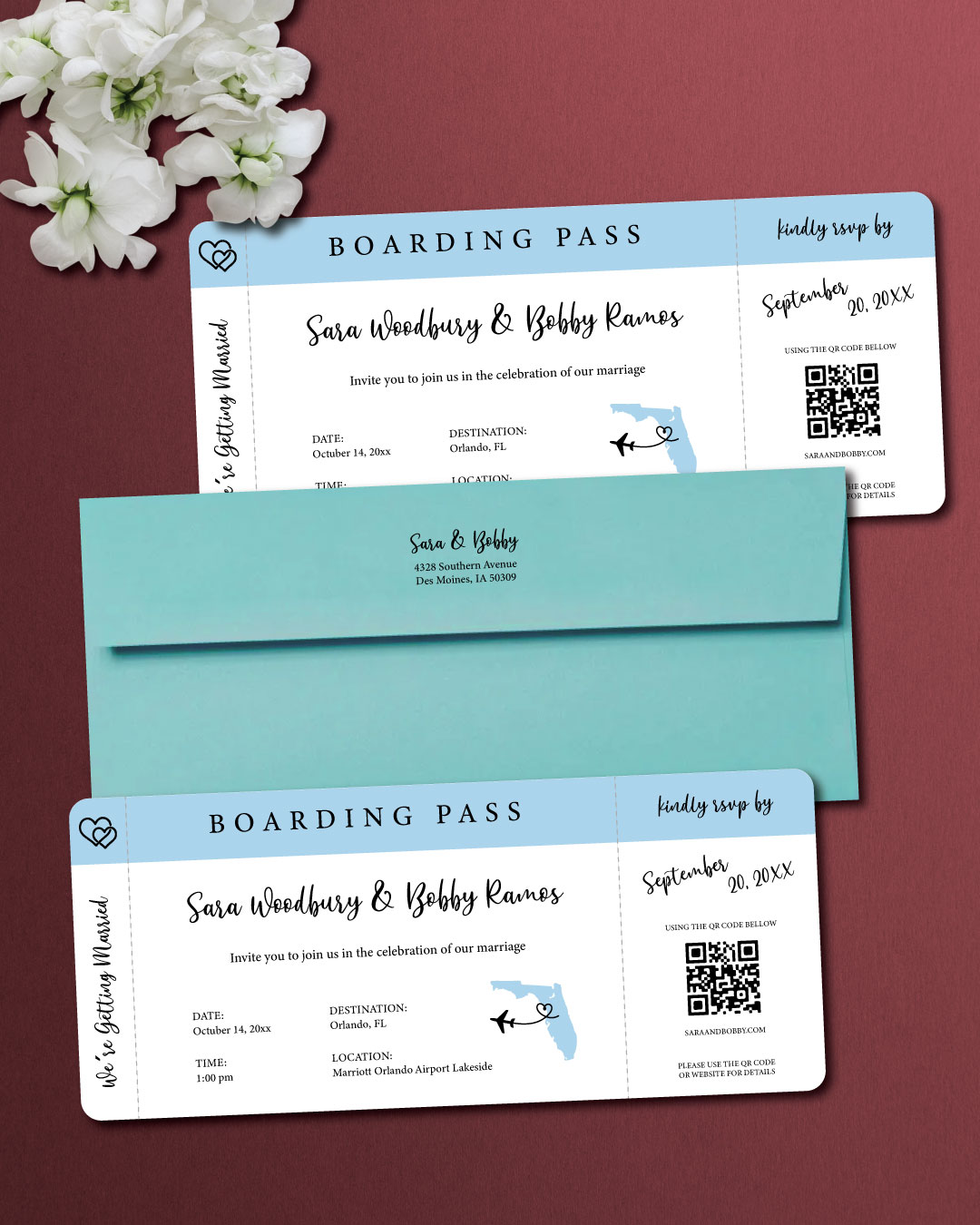 Sky Blue Ticket Boarding Pass Wedding Invitations