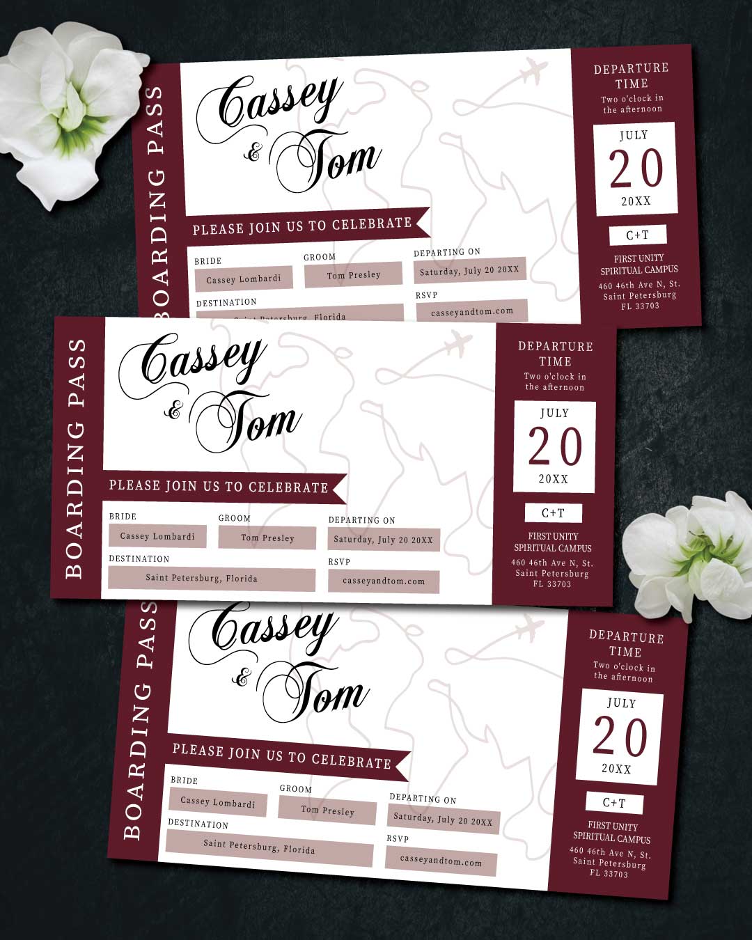 Burgundy Dream Tour Boarding Pass Wedding Invitations