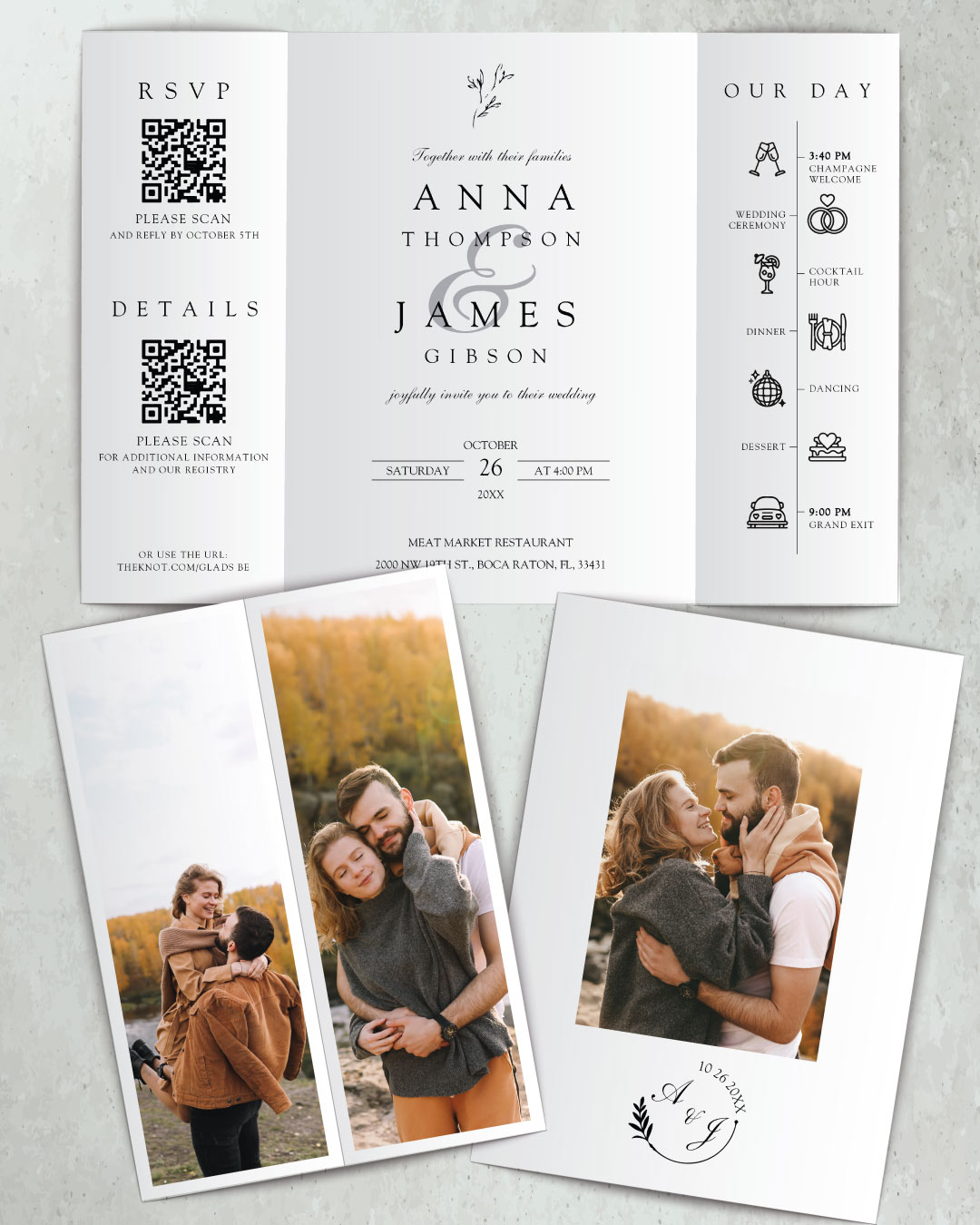 AP Printing - Monochrome Elegance Timeline 5x7 Gate Fold Spanish & English Wedding Invitation - Custom Printing Services
