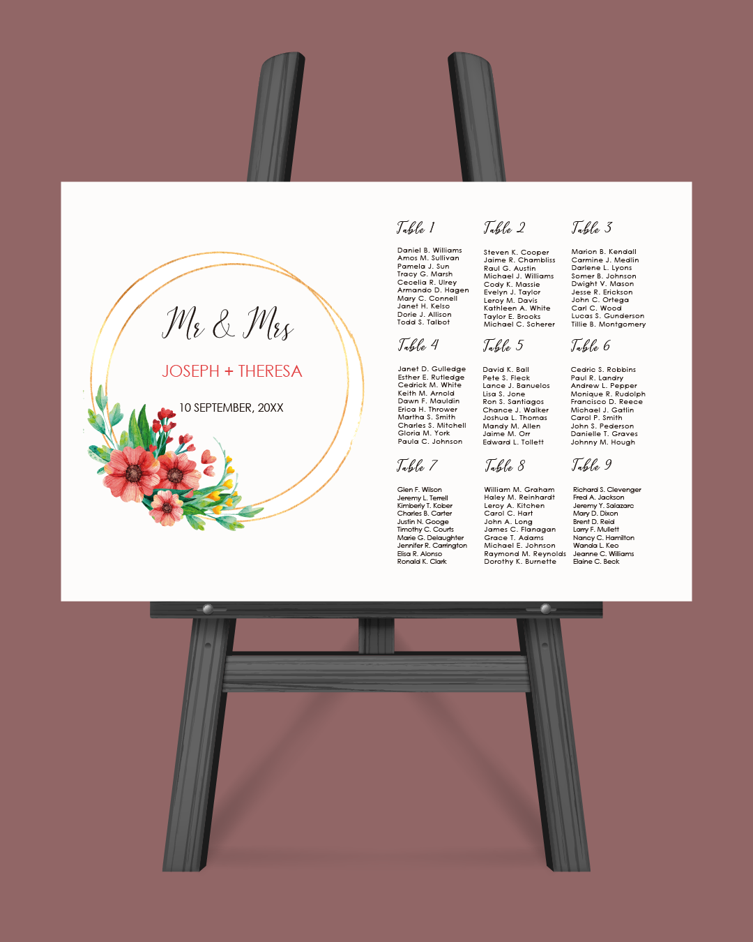 Red Flowers Decoration  Seating Chart