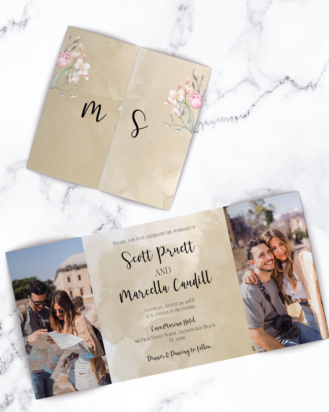 Delicate Pink Flowers 7x7 Gate Fold Wedding Invitation AP Printing - Delicate Pink Flowers 7x7 Gate Fold Wedding Invitation - Custom Printing Services