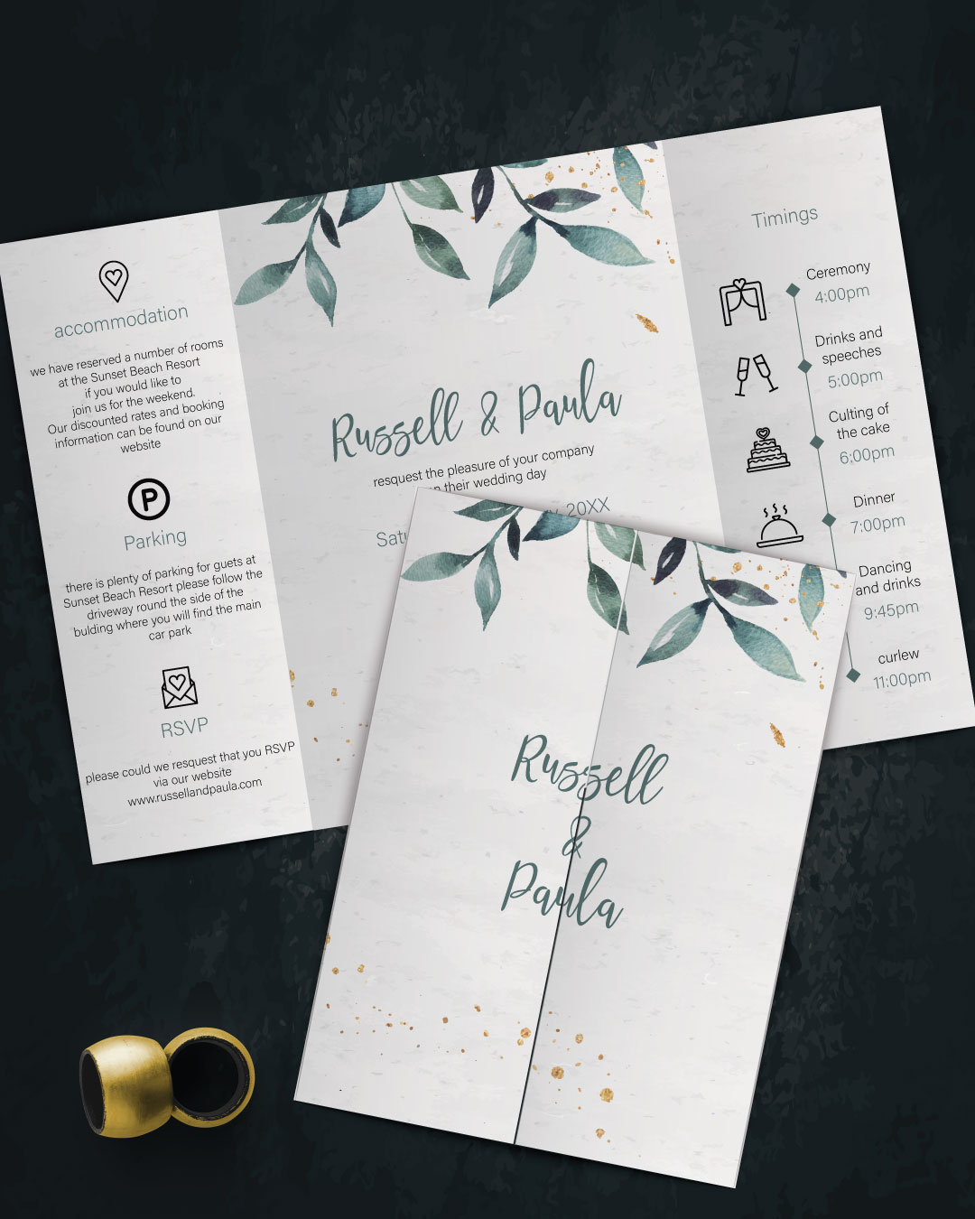 Small Golden Flowers 5x7 Gate Fold Wedding Invitation