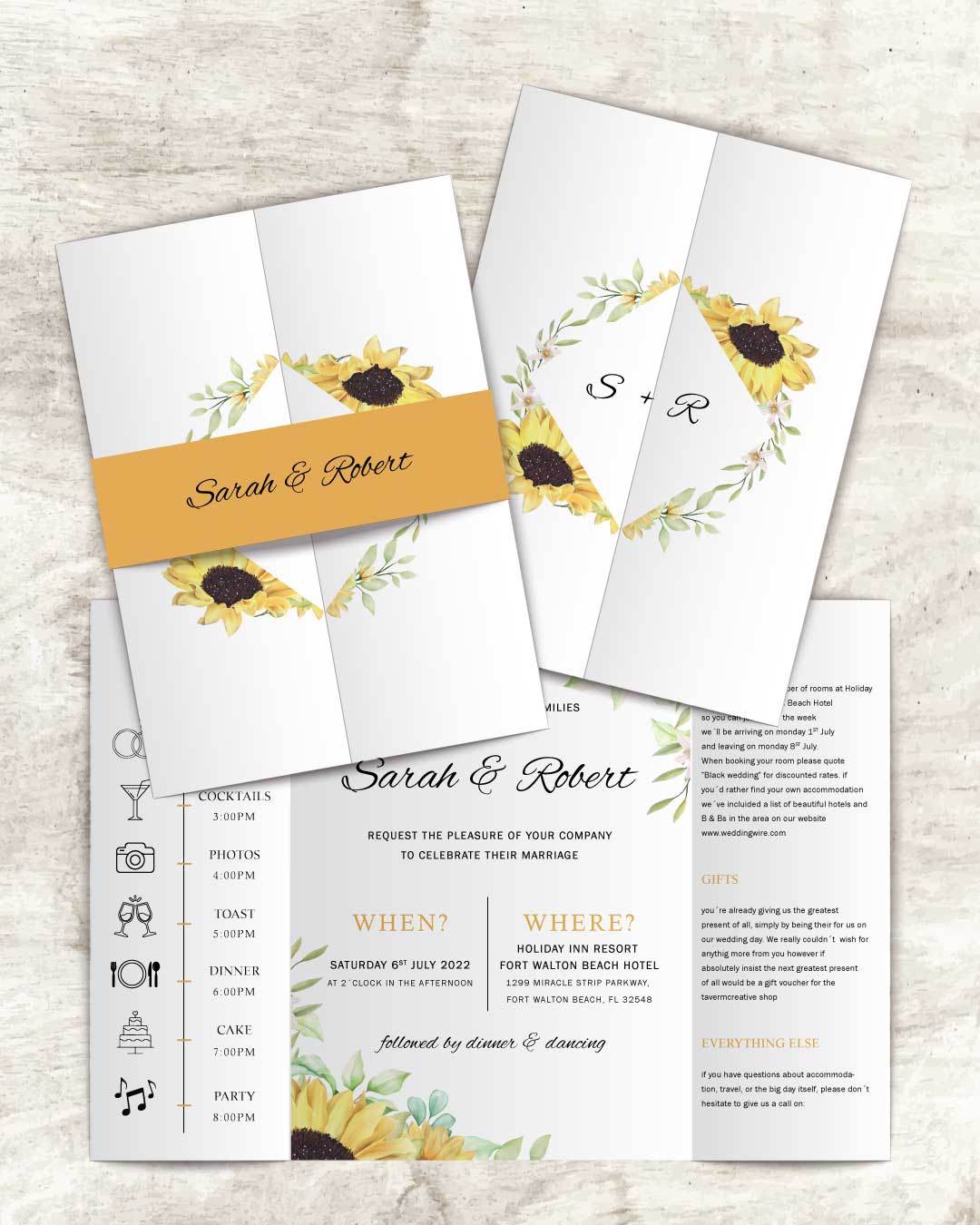 Sunflowers and Leaves 5x7 Gate Fold Wedding Invitation AP Printing - Sunflowers and Leaves 5x7 Gate Fold Wedding Invitation - Custom Printing Services