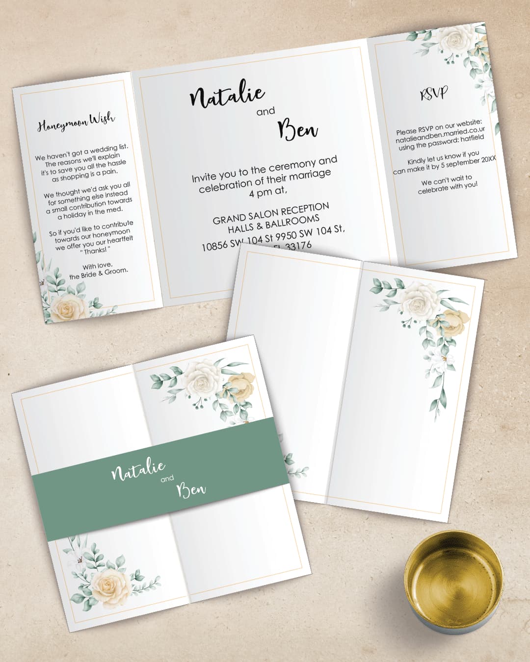 AP Printing - Minimalistic Delicate Roses 7x7 Gate Fold Wedding Invitation - Custom Printing Services