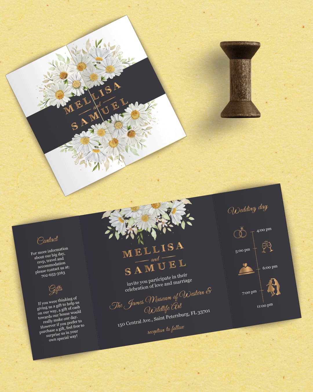 Daisies Bouquet 7x7 Gate Fold Wedding Invitation AP Printing - Daisies Bouquet 7x7 Gate Fold Wedding Invitation - Custom Printing Services