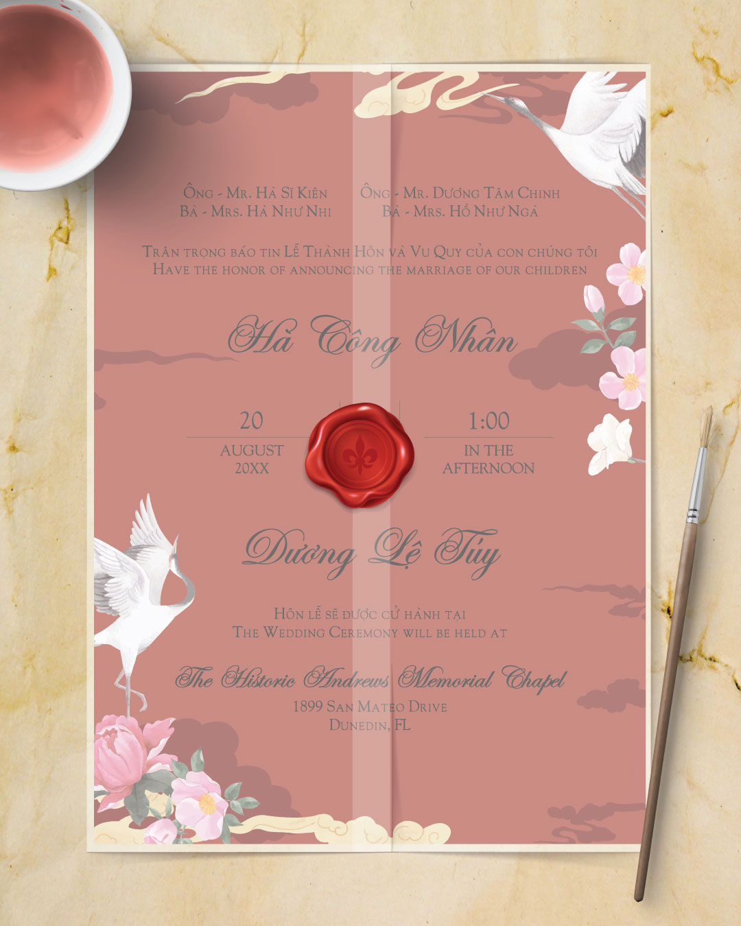 Birds and Chinese Flowers Vellum Wrapped Vietnamese & English Wedding Invitation