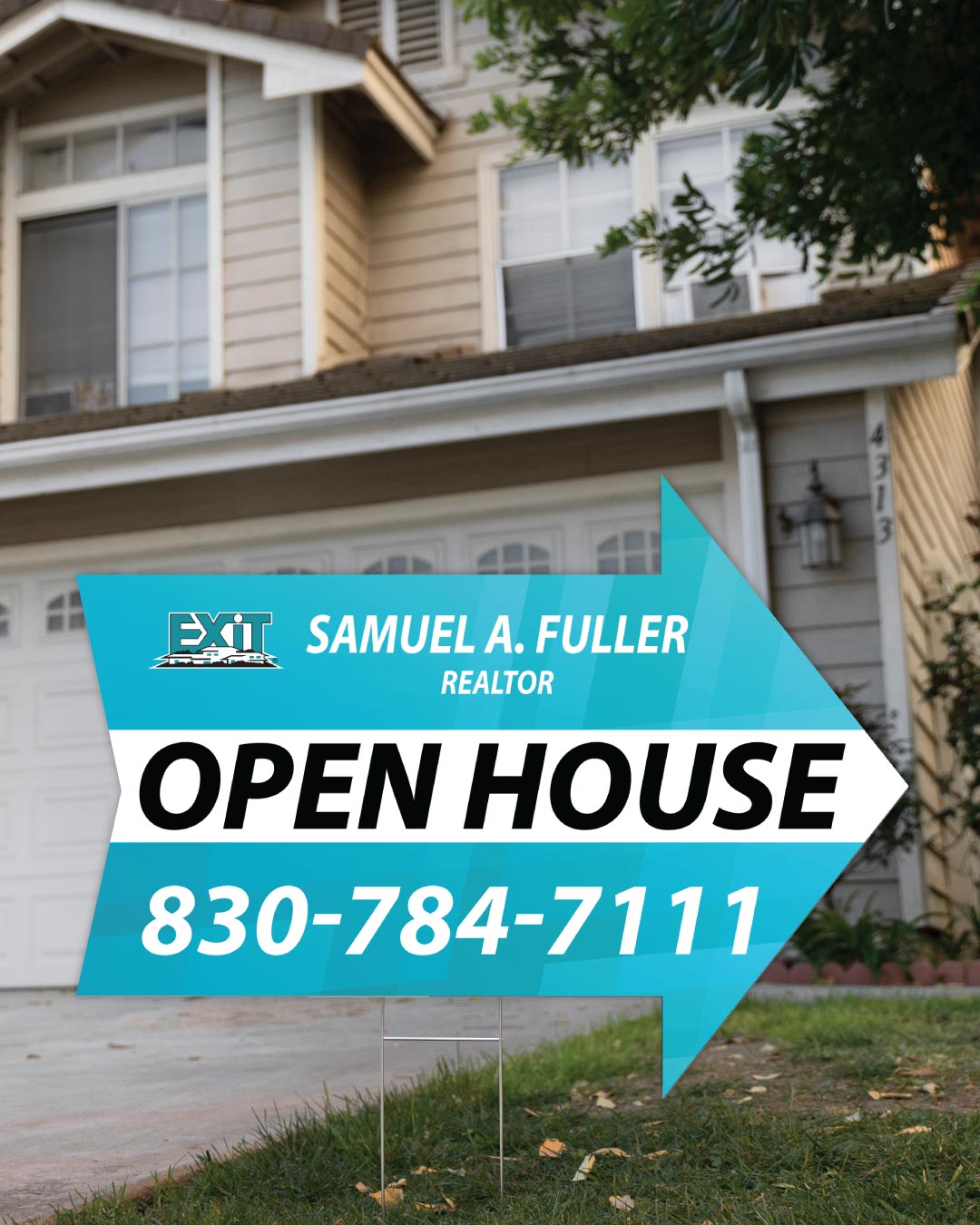 Exit Realty Geometric Cubes with White Stripes Arrow Shape Sign