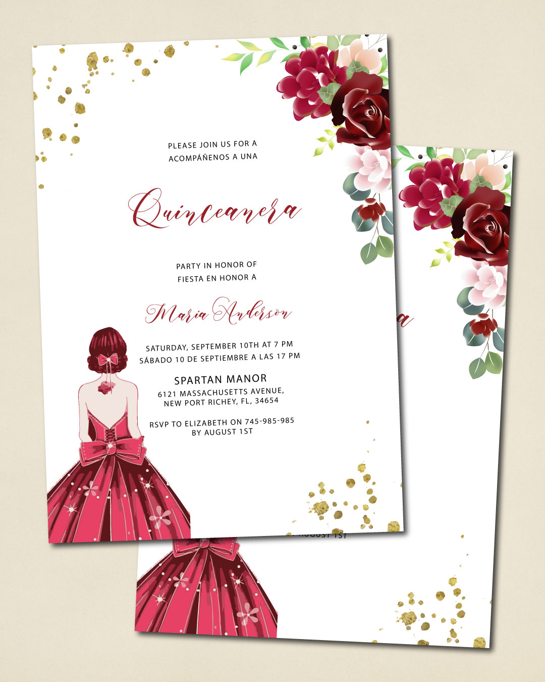 Beautiful Dress and Flowers Quinceanera Invitation
