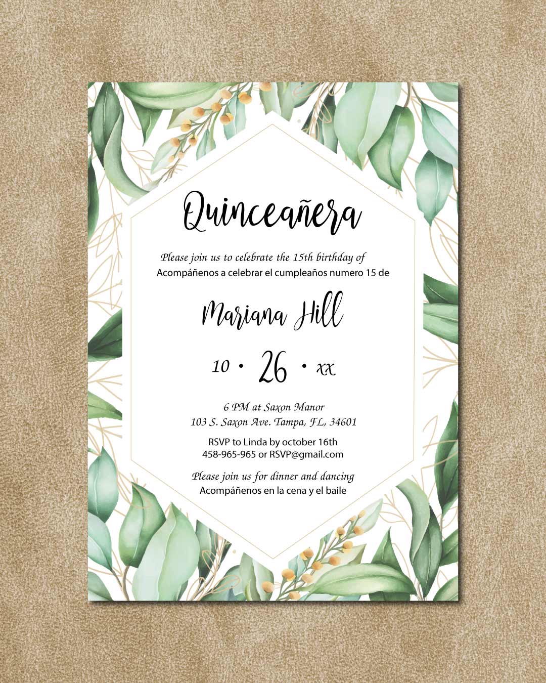 Pretty Leaves Quinceanera Invitation