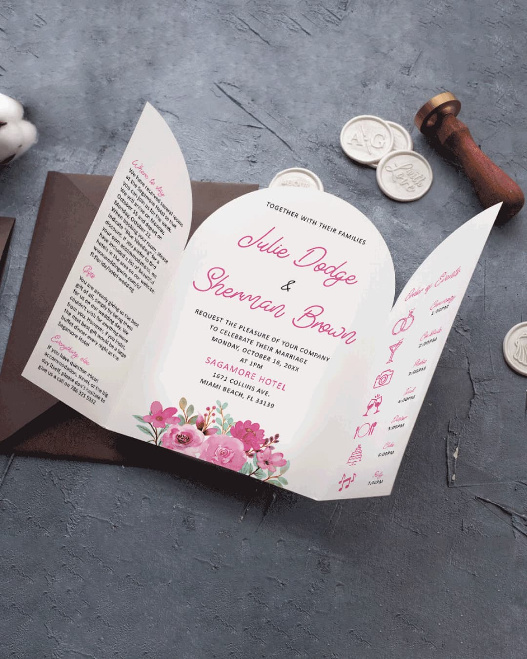 Dreamy Pink Flowers 5x7 Gate Fold Unique Style Wedding Invitation