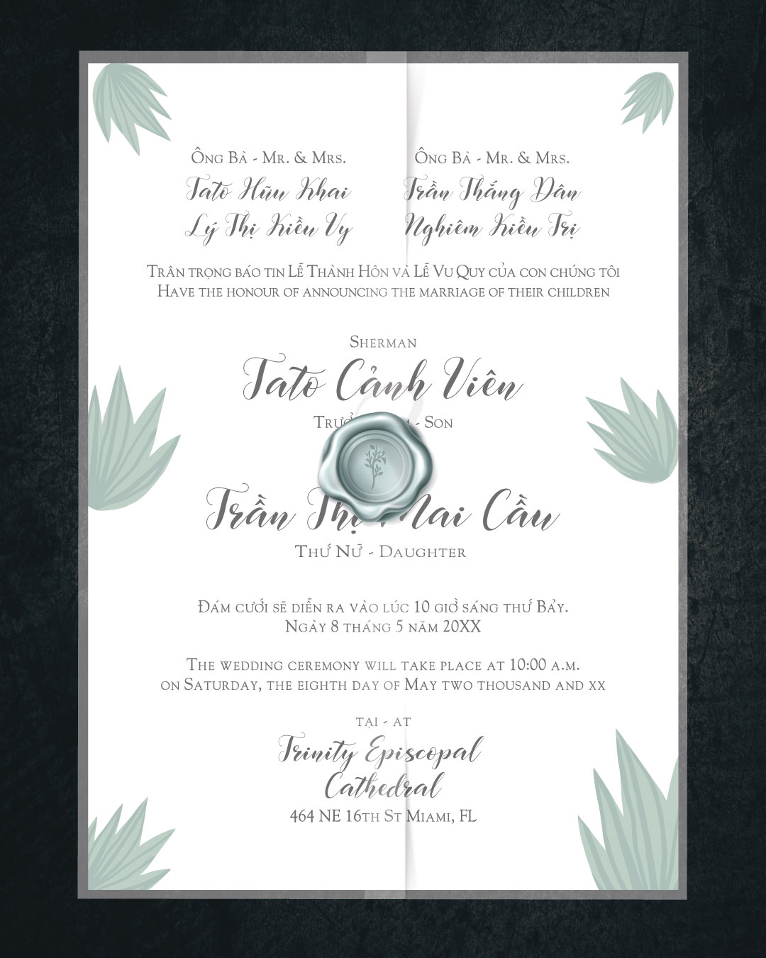 Tropical Leaves Vellum Wrapped Vietnamese & English Wedding Invitation