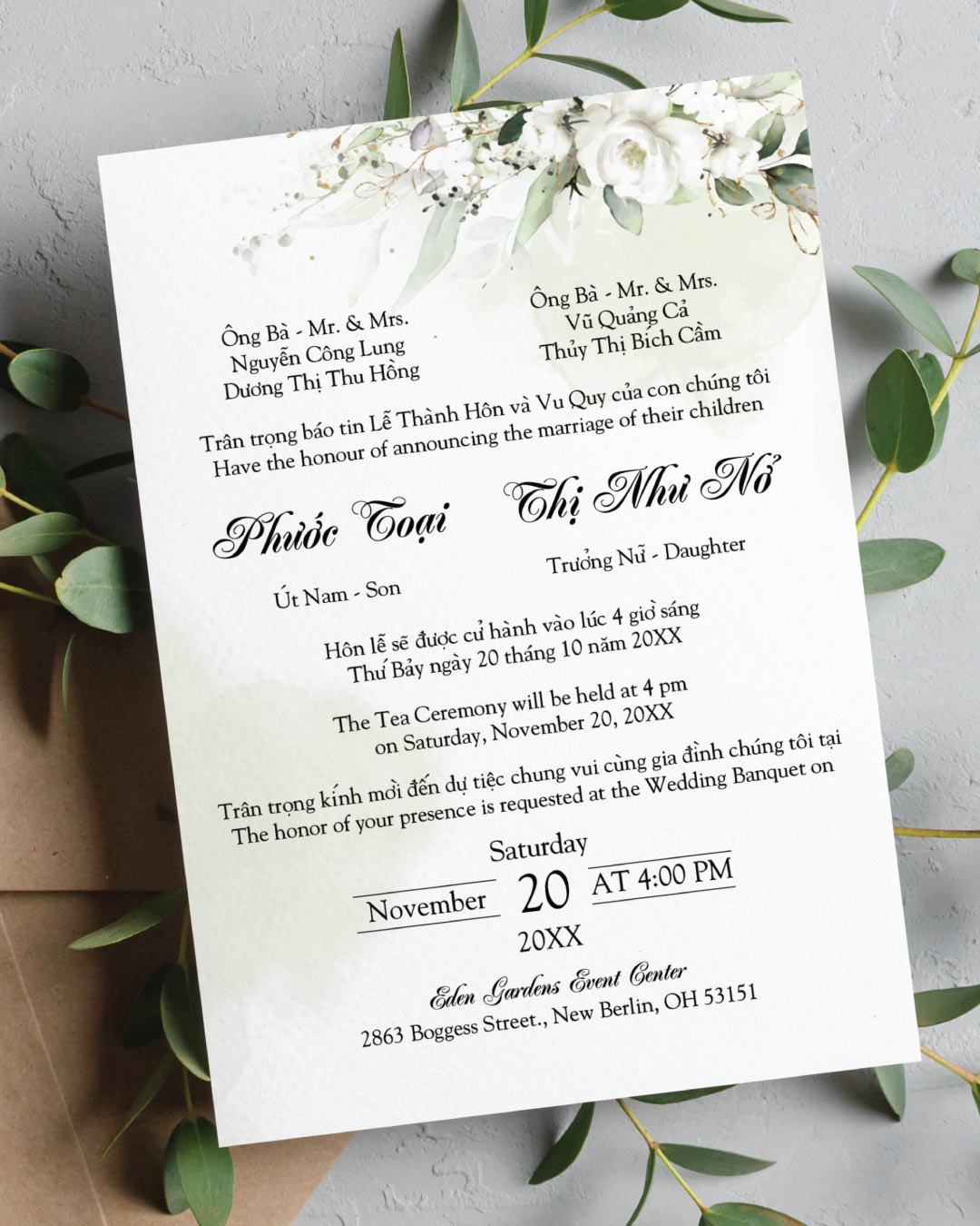 Whispering Floral Design Simple Flat 5x7 Wedding Invitation AP Printing - Whispering Floral Design Simple Flat 5x7 Wedding Invitation - Custom Printing Services