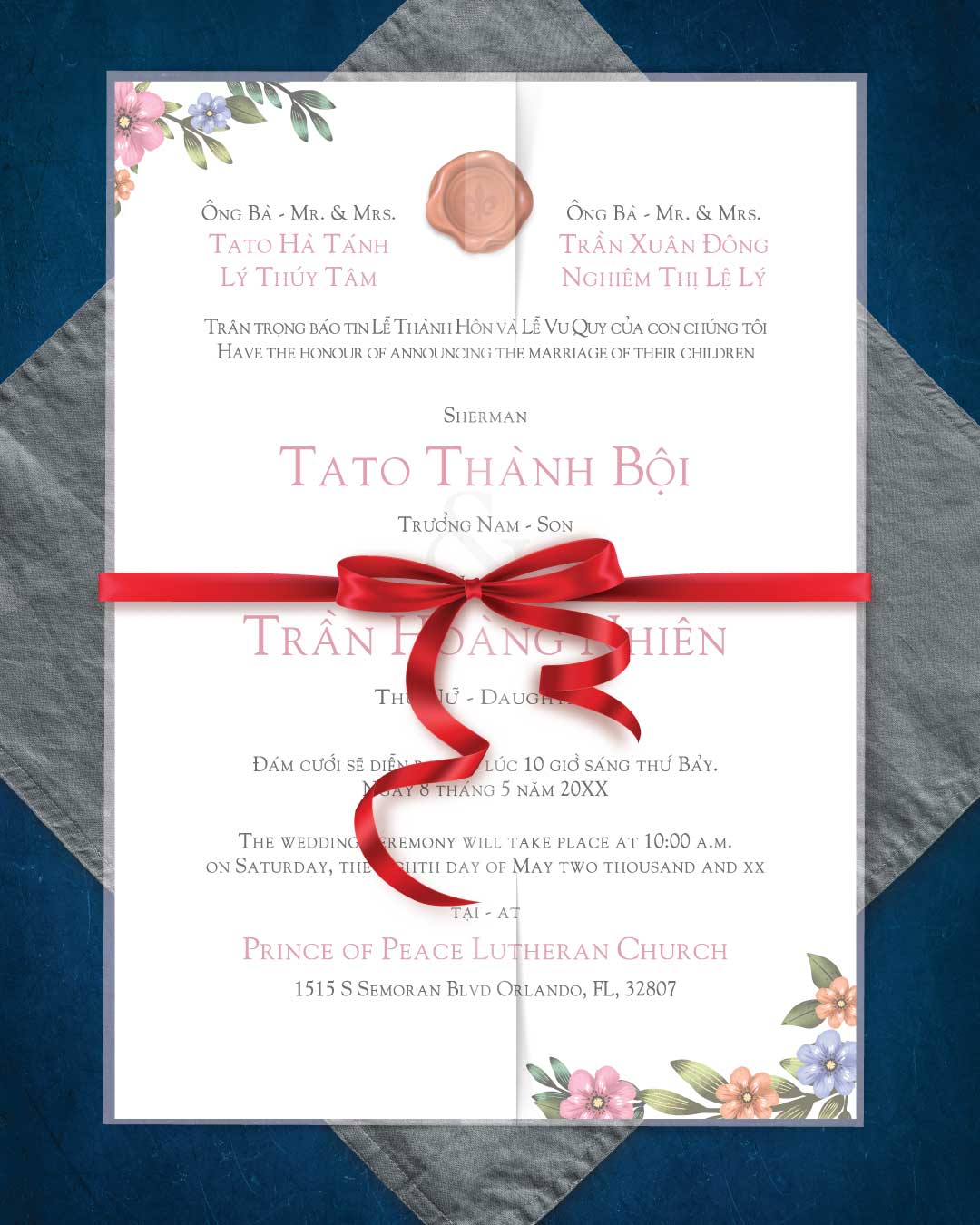 Floral and Colorful Vellum Wrapped Vietnamese & English Wedding Invitation