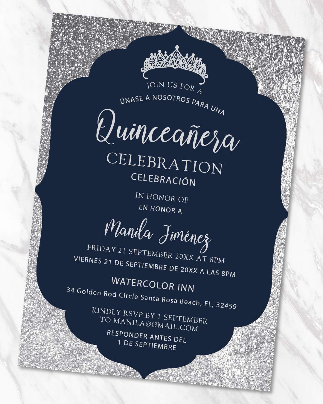 Quinceanera Shiny Silver with Blue