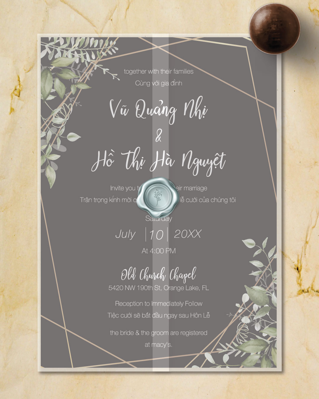 Leaves Gold Frames Vellum Wrapped Vietnamese & English Wedding Invitation AP Printing - Leaves Gold Frames Vellum Wrapped Vietnamese & English Wedding Invitation - Custom Printing Services