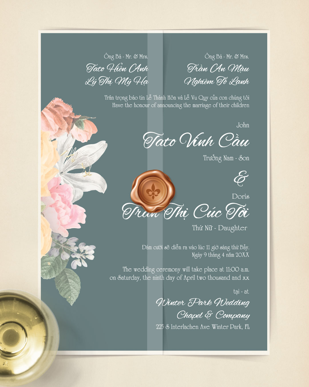 Floral Vintage Style Design Vellum Wrapped Vietnamese & English Wedding Invitation