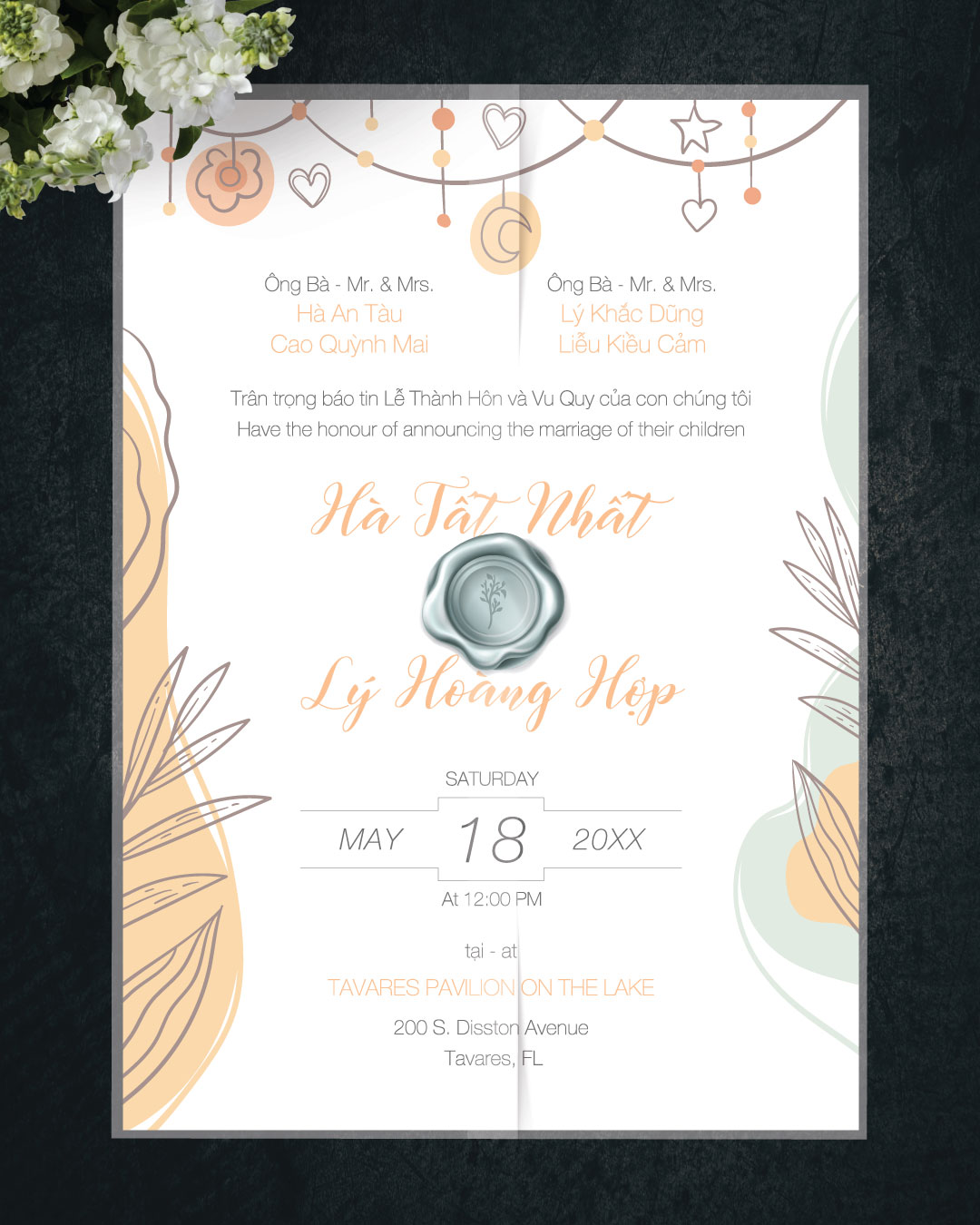 Detailed Boho Invitation Vellum Wrapped Vietnamese & English Wedding Invitation AP Printing - Detailed Boho Invitation Vellum Wrapped Vietnamese & English Wedding Invitation - Custom Printing Services