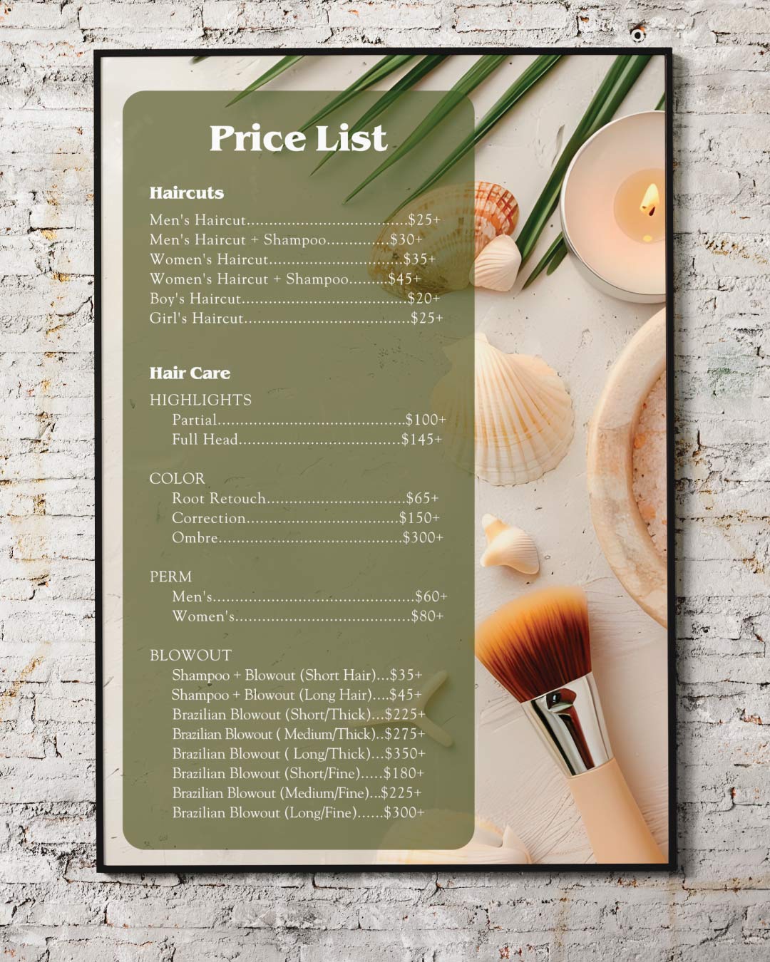 Spa Seashells and Brushes Price List