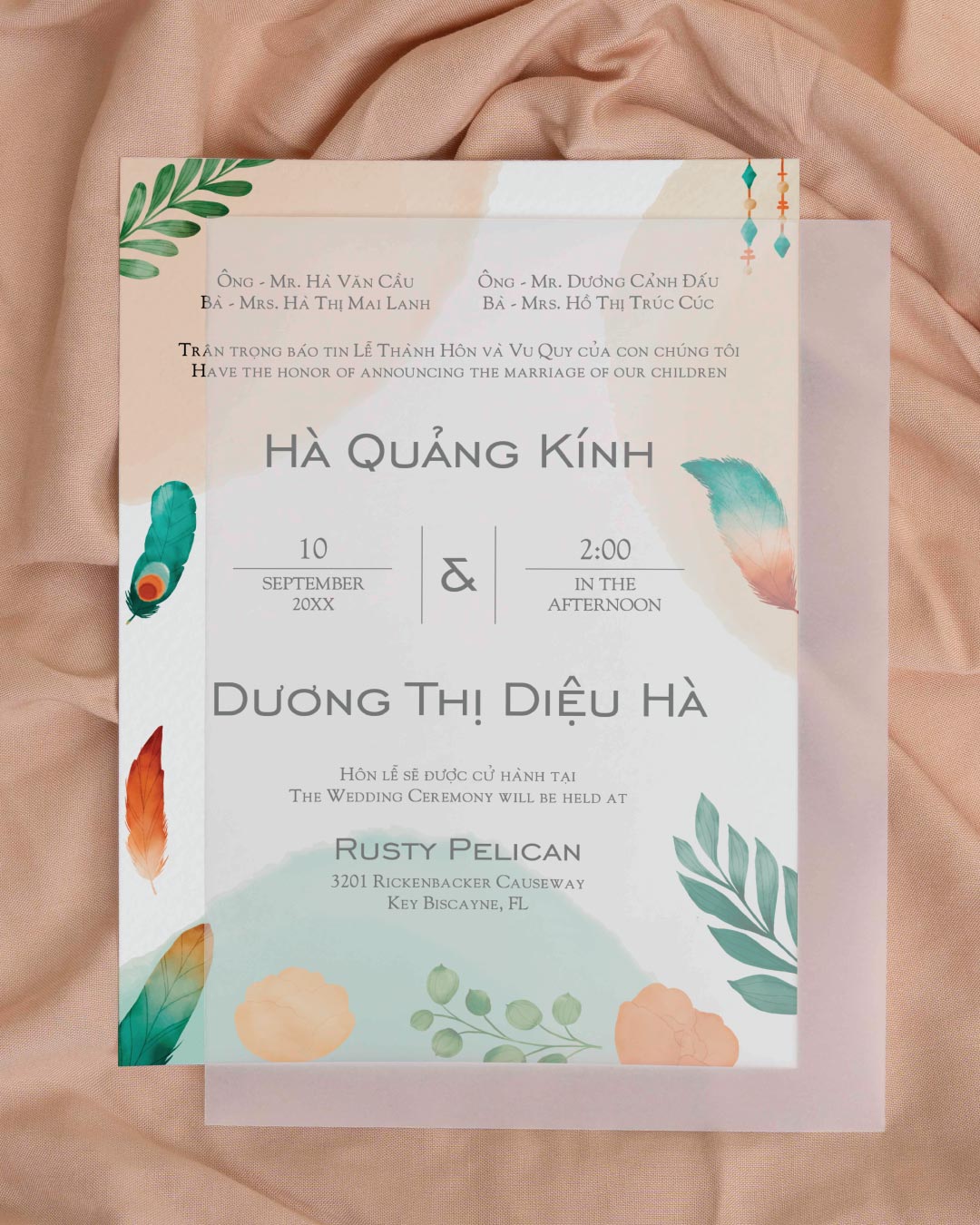 Boho with Feathers Vellum Wrapped Vietnamese & English Wedding Invitation