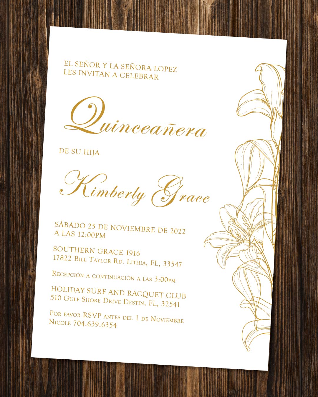 Gold Flowers Quinceanera Invitation