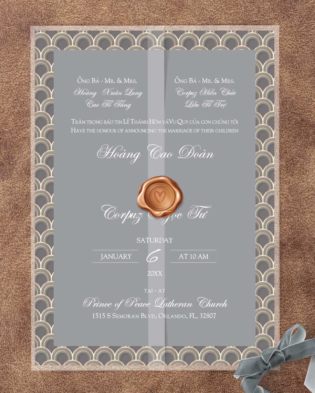 Golden Japanese Theme Vellum Wrapped Vietnamese & English Wedding Invitation