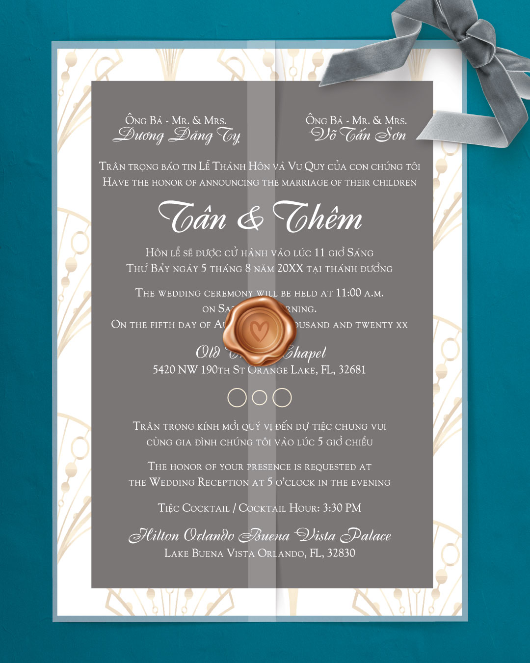 Geometric Abstract Design Vellum Wrapped Vietnamese & English Wedding Invitation AP Printing - Geometric Abstract Design Vellum Wrapped Vietnamese & English Wedding Invitation - Custom Printing Services