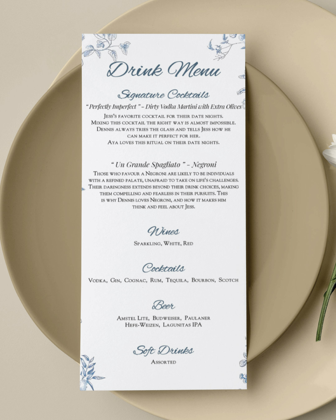 Blue Blossom Spirits Wedding Menu Cards