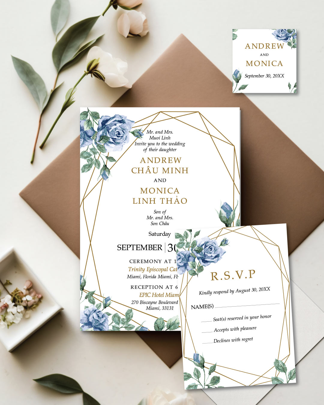 Elegant Navy Floral Simple Flat 5x7 Wedding Invitation